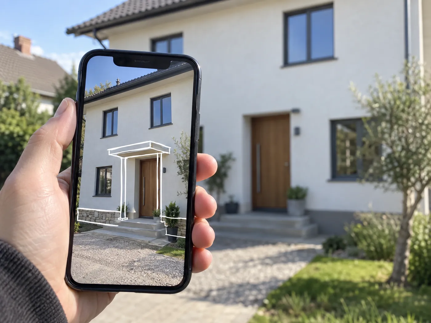 スマートフォン画面の家の写真に、ひさしのスケッチを重ねたところ